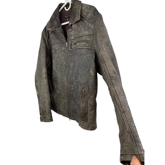 I.N.C. International Concepts Mens Large Distress Leather Jacket  Zip Pockets - Picture 6 of 7